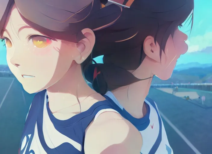 Prompt: portrait of high school runner girl, sunny sky background stadium landscape illustration concept art anime key visual trending pixiv fanbox by wlop and greg rutkowski and makoto shinkai and studio ghibli and kyoto animation symmetrical facial features sports clothing marathon race nike shirt