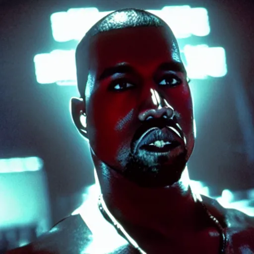 Image similar to Film still of kanye west as the terminator, red eyes, face exoskeleton