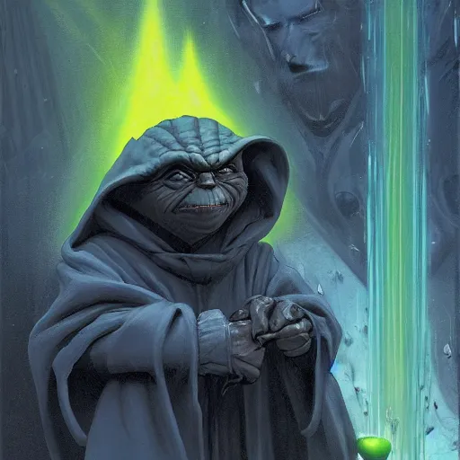 Image similar to portrait of hooded an angry evil yoda as a dark sith, overwhelming energy, detailed background by m. w. kaluta, dark side, volumetric light, floating molecules, digital painting, oil painting, artwork by ralph mcquarrie + cory loftis + paul lehr + ian mcque + eddie mendoza