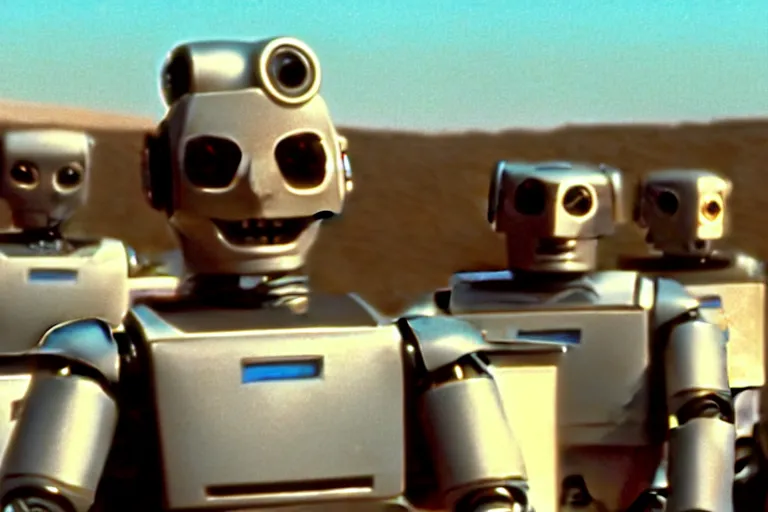 Image similar to a movie still from the 1985 summer blockbuster movie Back to the Robots directed by Steven Spielberg