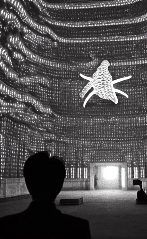 Image similar to light coming out of one starfish - like kaiju anthropomorphic monster, korean film noir by kim jong - il, korean traditional palace, pyongyang city, 1 9 6 0 s, red color bleed, 4 k, video compression, video glitch, monochrome, akira kurosawa, mamoru oshii, wes anderson, stanley kubrick