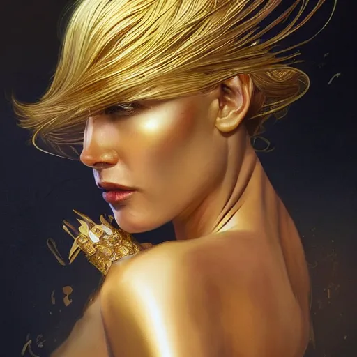 Image similar to Sandman with a gold suit, portrait, intricate, elegant, highly detailed, digital painting, artstation, concept art, smooth, sharp focus, illustration, art by artgerm and greg rutkowski and alphonse mucha
