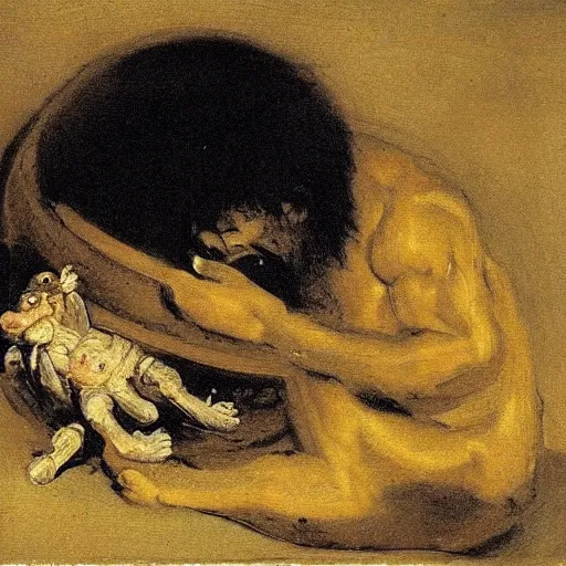 Image similar to elmo in the painting saturn devouring his son by goya, painting