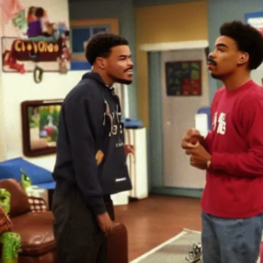 Image similar to a tv still of Chance The Rapper starring as a black college student at Jones College Prep in a 1993 sitcom