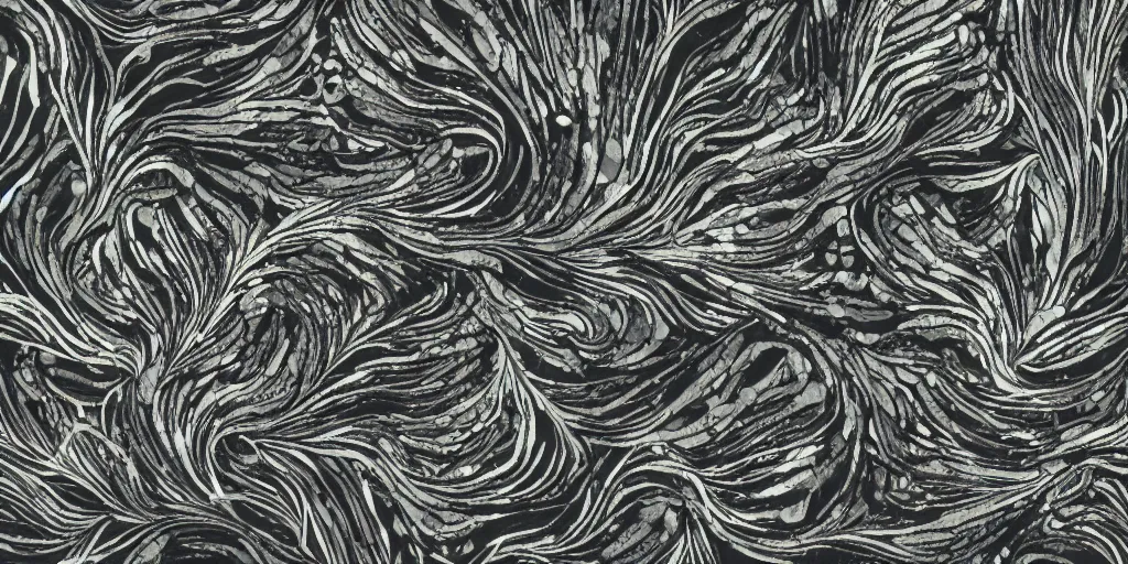 Image similar to bladder wrack and dulse seaweed, decorative design against a grey background, done in Japanese ink style