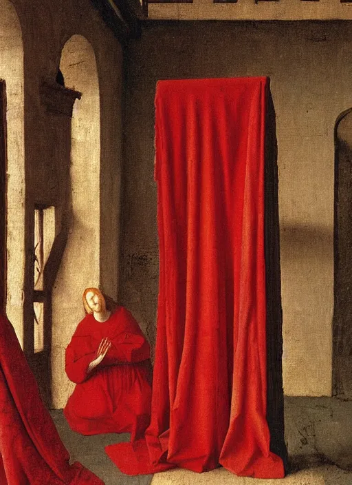 Image similar to red cloth of the floor, medieval painting by jan van eyck, johannes vermeer, florence