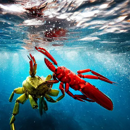 Image similar to lobsters fighting under water