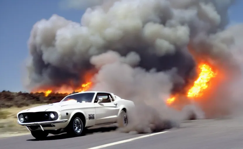 Prompt: a white 1 9 6 9 ford mustang 4 2 8 cobra jet driving high speed, fire explosion in the background, action scen. realistic. high resolution. dramatic