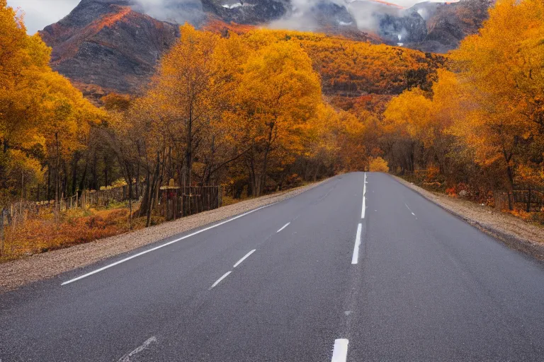 Image similar to a road with warehouses on either side, and an autumn mountain behind it with a radio tower on top. Lens compression, photography highly detailed