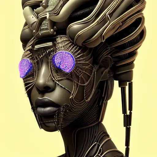 Image similar to portrait of an absurdly beautiful, graceful, sophisticated, fashionable african cyberpunk mechanoid gravure idol, ultrafine hyperdetailed illustration by irakli nadar, matt wisniewski style, marvel comics, intricate linework, ebony skin, neon jellyfish headdress, ivory carved ruff, unreal engine 5 highly rendered, global illumination, radiant light, detailed and intricate environment