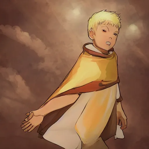 Image similar to blonde boy with glowing golden eyes wearing a brown cape and flying in t pose, in the style of studio ghibli, artgerm