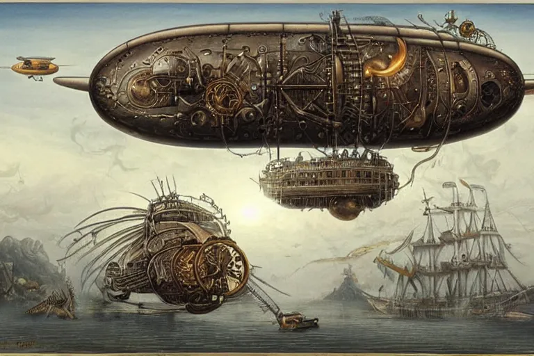 Prompt: a steampunk spelljammer airship by laurie lipton