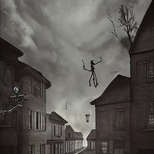 Image similar to Stunning 35mm empty town by Ejsing, Jesper. Full of ghostly children floating above the houses, photography, surrealism, dark, fantasy, Crewdson, Gregory