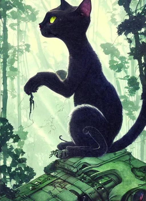 Image similar to a hyper realistic ink cat alien technology and sunbeams blue sky, lush forest foliage painting by chiara bautista and norman rockwell and greg rutkowski weta studio, and lucasfilm