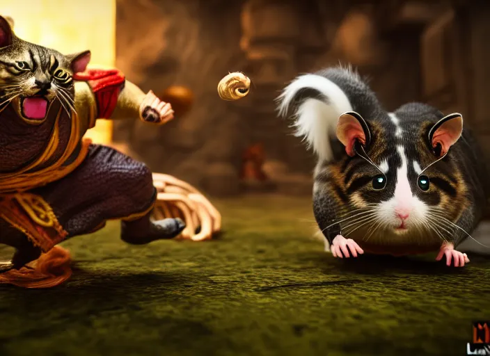 Image similar to hamster fights a cat in mortal kombat on the background of a laughing shao khan. fantasy magic style. highly detailed 8 k. intricate. lifelike. soft light. sony a 7 r iv 5 5 mm. unreal engine with nanite and path tracing