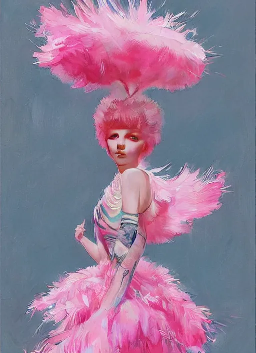 Image similar to beautiful young girl with an pink eccentric haircut wearing an dress made of feathers dancing on stage, artwork made by ilya kuvshinov, inspired in donato giancola, hd, ultra realistic, reflection, stage