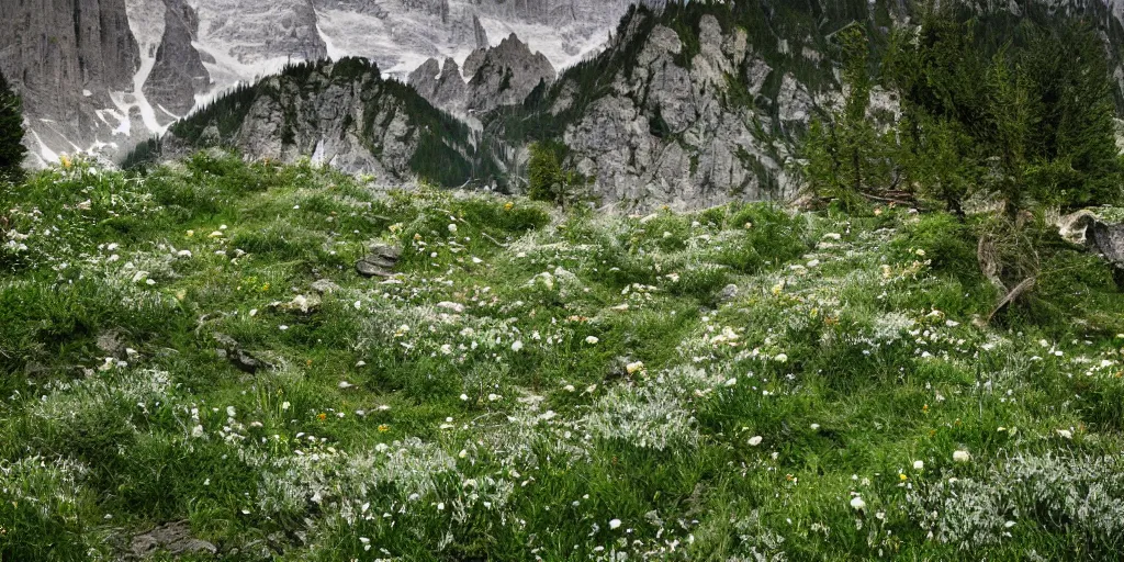 Prompt: old alpine root maze being overgrown by edelweiss, dolomites, juniper, wicca, low saturation, portrait _ photography _ artstation _ digital _ art _ adward _ winning