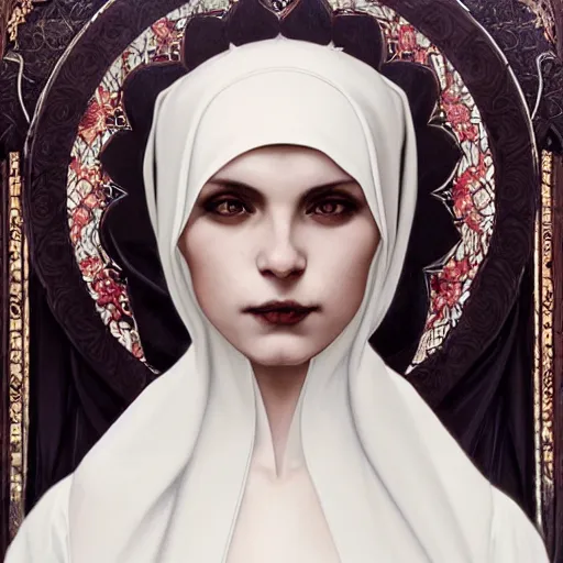 Image similar to soft painting of a gothic nun blessing in full dress, perfectly detailed flowers, symmetrical intricate sensual features, highly detailed, artstation, sharp focus, art by artgerm and greg rutkowski and alphonse mucha and tom bagshaw