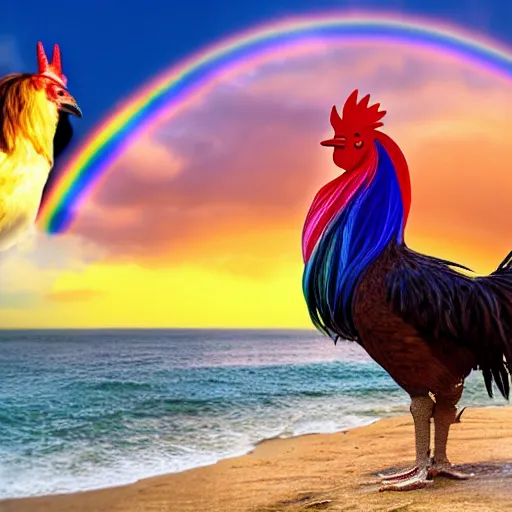 Prompt: a photo of a rooster standing on a unicorn at the beach with a rainbow in the sky, detailed, vibrant, colorful, realistic, sunset, clear, 8k, hd, award winning image