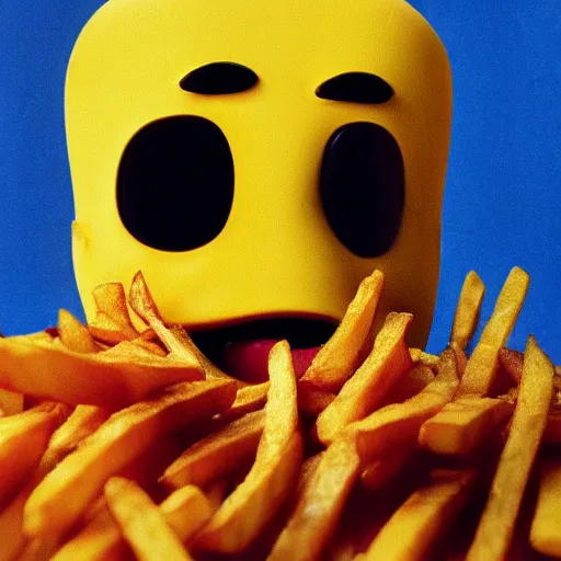 Image similar to real color photograph of grimace violently eating French fries