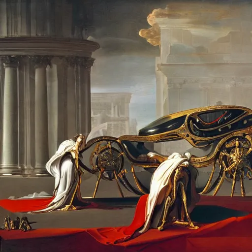 Prompt: sci-fi car dynamic organic forms and wall structure in the coronation of napoleon painting by Jacques-Louis David ceramic metal material shiny gloss water reflections search pinterest keyshot product render 4k