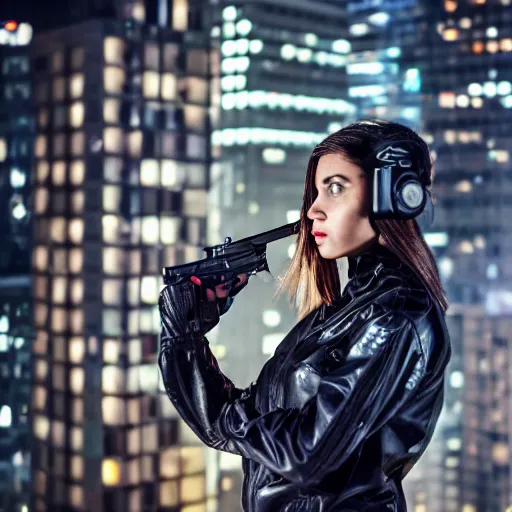 Prompt: photographic portrait of a techwear woman holding a gun closeup on the rooftop of a futuristic city at night sigma 8 5 mm f 1. 4 4 k depth of field