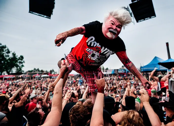 Prompt: photo still of rip taylor at vans warped tour!!!!!!!! at age 6 3 years old 6 3 years of age!!!!!!! stage diving at a crowd, 8 k, 8 5 mm f 1. 8, studio lighting, rim light, right side key light