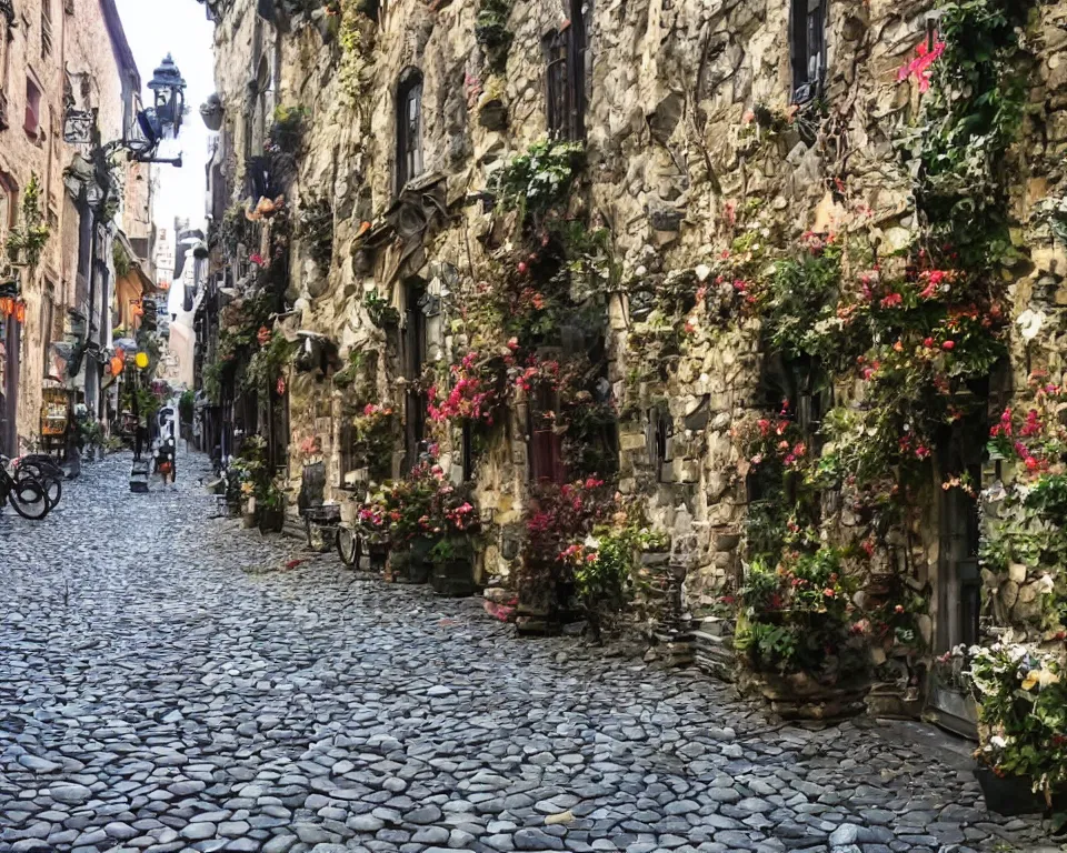 Image similar to cobblestone streets filled with fae, cobblestone, faerie, fanciful