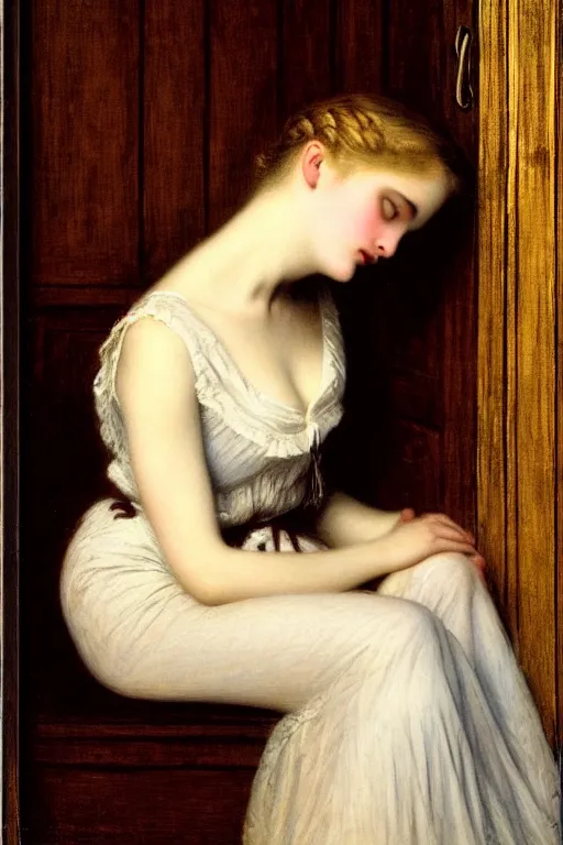 Prompt: girl under moonlight by auguste toulmouche, dark dreamy lighting, perfectly detailed eyes, beautiful hands, pale skin, blonde hair, leaning on door