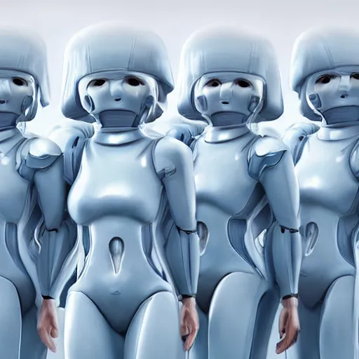 Image similar to troop of grannies with white bob hairdos, tight light blue neopren battle suits, futuristic cloning facility, sci - fi, highly detailed, cinematic