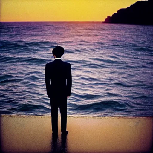 Prompt: japanese man with long hair in a suit standing in the ocean looking at the camera, wide shot, far!!!!!!! away, zoomed out, distance!!!!!!! shot, sunset, centered, album cover, 1980, tatsuro yamashita, ride on time