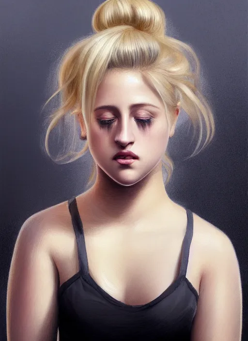 Image similar to full body portrait, teenage lili reinhart, blonde hair, obese, bangs, ponytail, sultry, realistic, sultry smirk, fluffy bangs, curly bangs, fat, belly, intricate, elegant, highly detailed, digital painting, artstation, concept art, smooth, sharp focus, illustration, art by wlop, mars ravelo and greg rutkowski