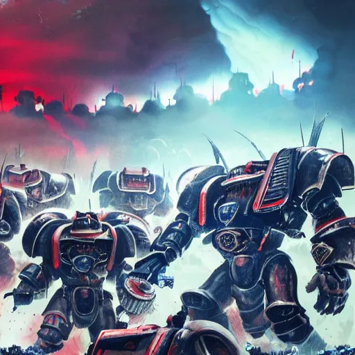 Image similar to a warhammer 4 0 0 0 0 artwork of a battle between space marines and tyranids. gradient blue to white to red. stunning illustration. highly detailed. artstation.