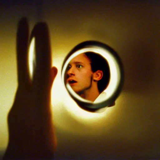 Image similar to Man sticking his hand through mirror that’s a portal to another world, award winning movie still, 35 mm, cinematic