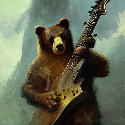 Image similar to realistic bear playing futuristic minimalistic axe-shaped guitar, fantasy character portrait by Greg Rutkowski, Craig Mullins, Gaston Bussiere