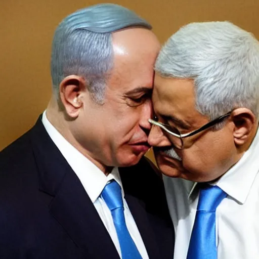 Image similar to Benjamin Netanyahu and Mahmoud Abbas kissing on the mouth, photojournalism photography