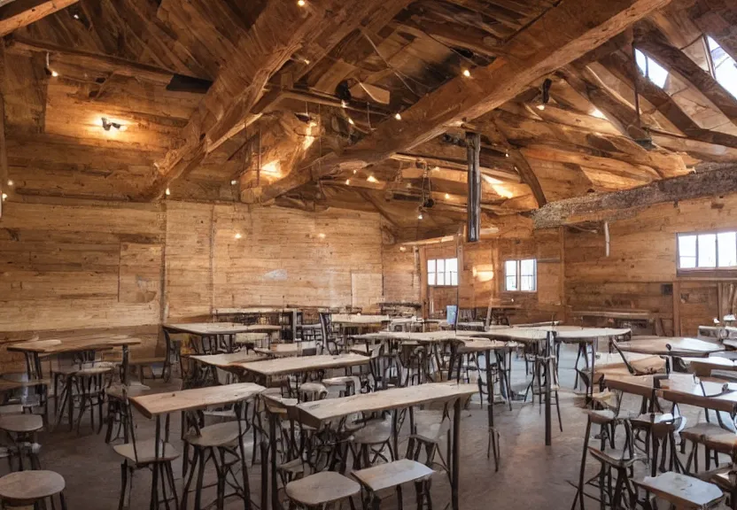 Image similar to 30ft x 50ft interior barn renovation as intimate folk music event space with bar and cafe tables 8k photorealistic