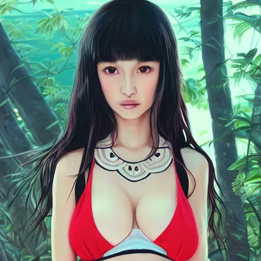 Image similar to a beautiful young japanese natalie portman alluring gravure model, stylized concept art, wearing elegant designer bomber jacket and one piece bikini, bomber jacket with mesoamerican patterns, mesoamerican native street fashion, princess mononoke, painted by ilya kuvshinov aesthetic, gorgeous, stunning, alluring, attractive, artstation, pinterest, digital art