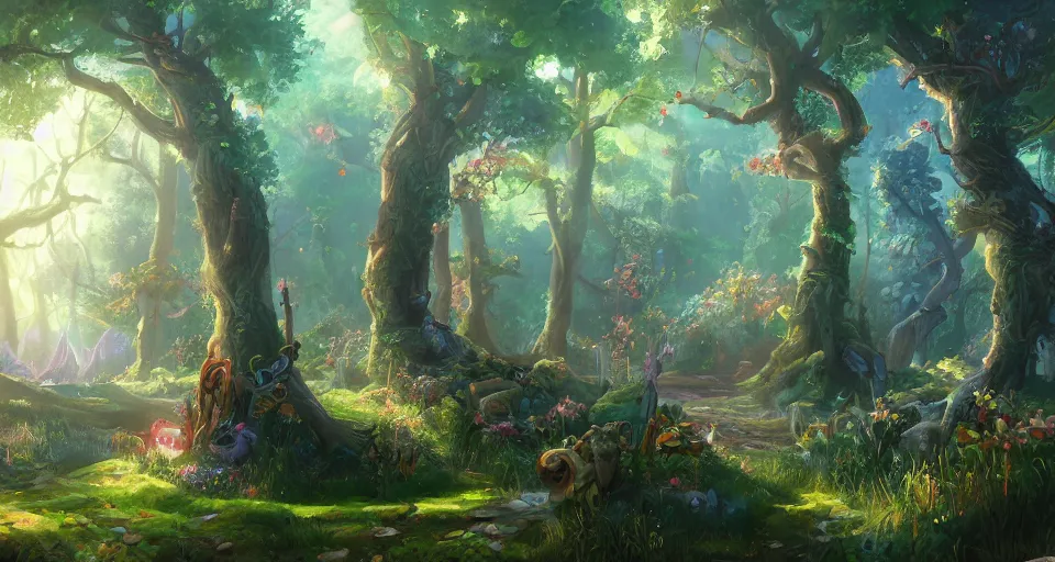 Image similar to Enchanted and magic forest, by Artstation