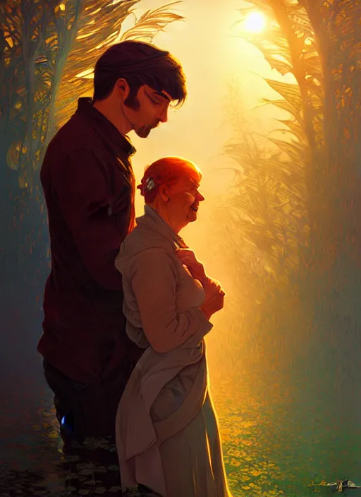 Image similar to contre - jour old couple highly detailed, high quality, digital painting, alena aenami, lilia alvarado, shinji aramaki, karol bak, alphonse mucha, tom bagshaw