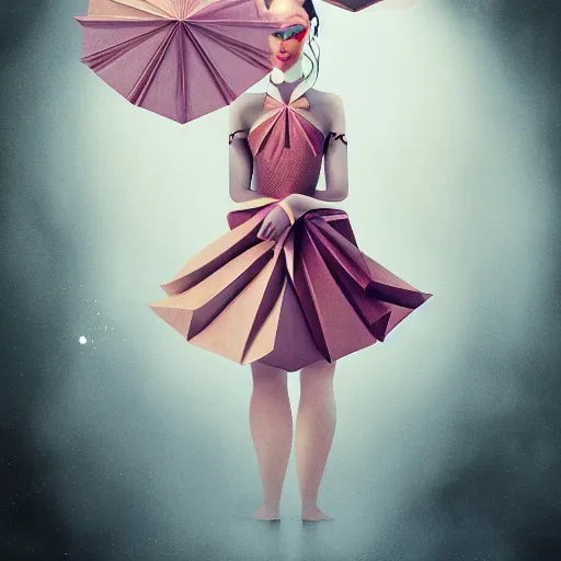 Image similar to 3 / 4 view of a beautiful girl wearing an origami dress, eye - level medium shot, elegant, by esao andrews, by eiko ishioka, by peter mohrbacher, centered, high depth of field, origami, three - view reference sheet, detailed illustration, japanese, reallusion character creator, depth perception, 4 k, deviantart