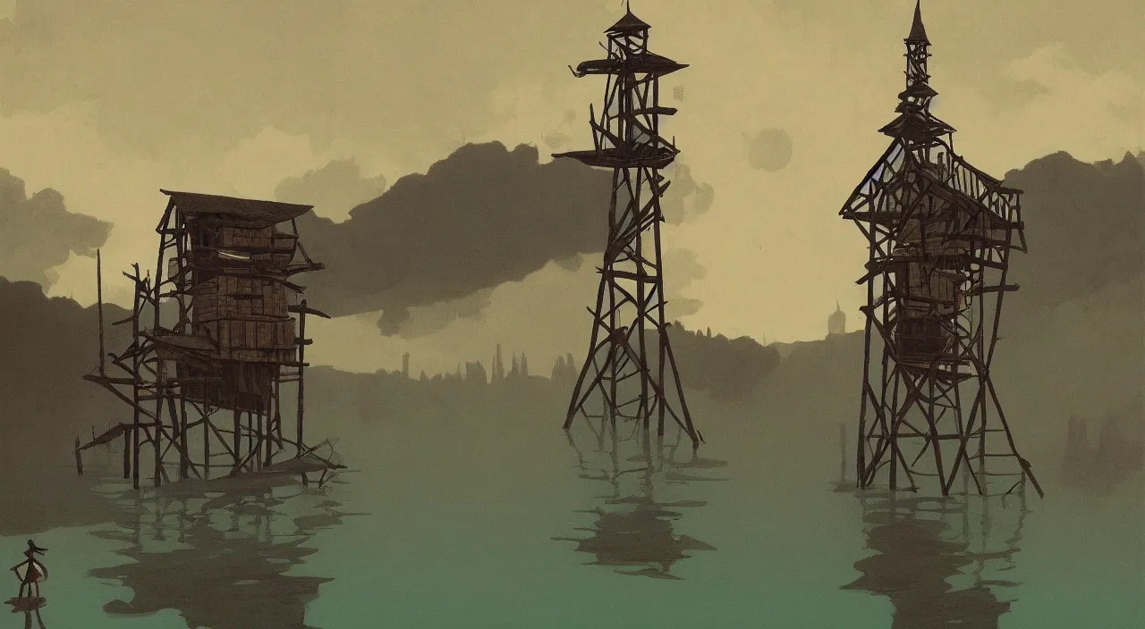 Image similar to single flooded simple tribal wooden tower, very coherent and colorful high contrast!! masterpiece by rene magritte simon stalenhag carl spitzweg syd mead norman rockwell edward hopper james gilleard, minimalist, dark shadows, sunny day, hard lighting