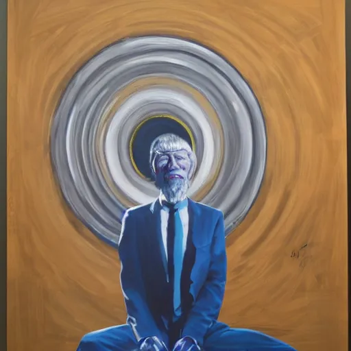 Prompt: acrylic painting, portrait of James Coburn in lotus position banging a large gong by Robert Maguire