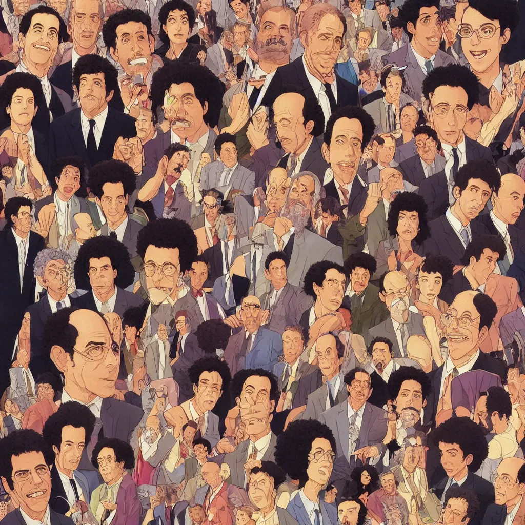 Prompt: highly detailed illustration of all the known species of seinfeld cast, jewish, yiddish, kosher and gentile by juan gatti, by makoto shinkai, by moebius!, by oliver vernon