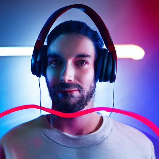 Image similar to a man, in red and blue spotlights, holds on to the headphones on his head, he wears dark visors, cyber songman, cyberpunk style portrait