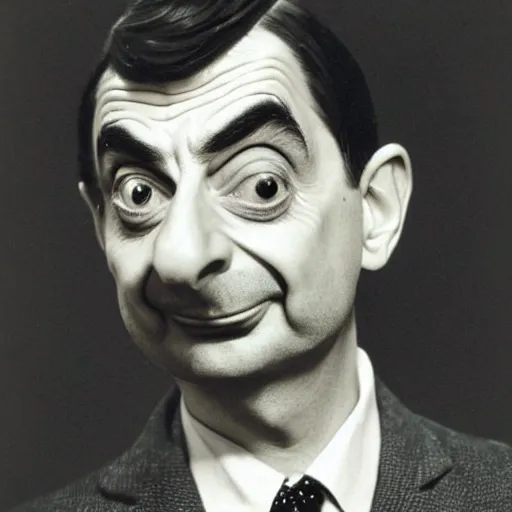 Image similar to a surreal photo portrait of mr bean by man ray, caricature