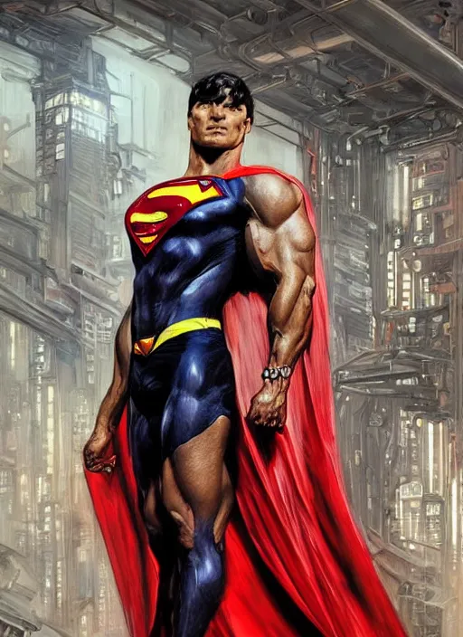 Image similar to portrait of crossfit bodybuilder sprinter superman!, futuristic detailed ornate cyberpunk costume!, red and black costume!!!, pale skin!, no logo!!!, painted art by tsuyoshi nagano, greg rutkowski, artgerm, alphonse mucha, spike painting