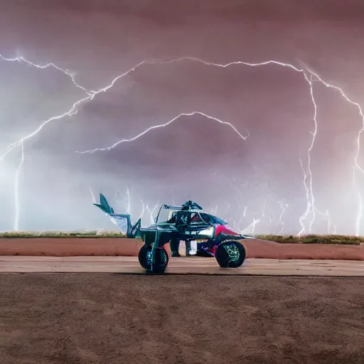 Image similar to futuristic flying car emerging from a circle of lightning in the sky, thunderstorm at night, 28mm dramatic photo