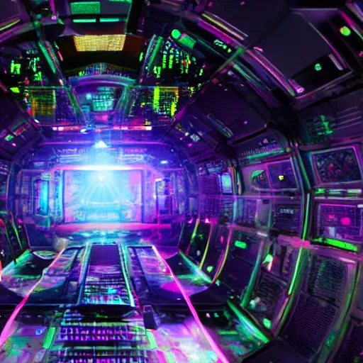 Image similar to hologram dj rave in the interior of an international space station. giant robotic mech particle accelerator. huge music festival with wall of sound. photorealistic 35mm 4k octane render