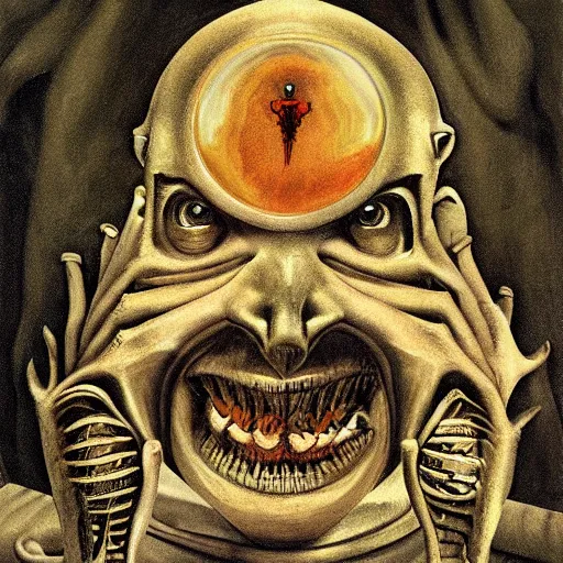 Image similar to the demon child raised by jesuit disciples, digital painting masterpiece, by h r giger and hannah hoch and ed roth and denys cowan